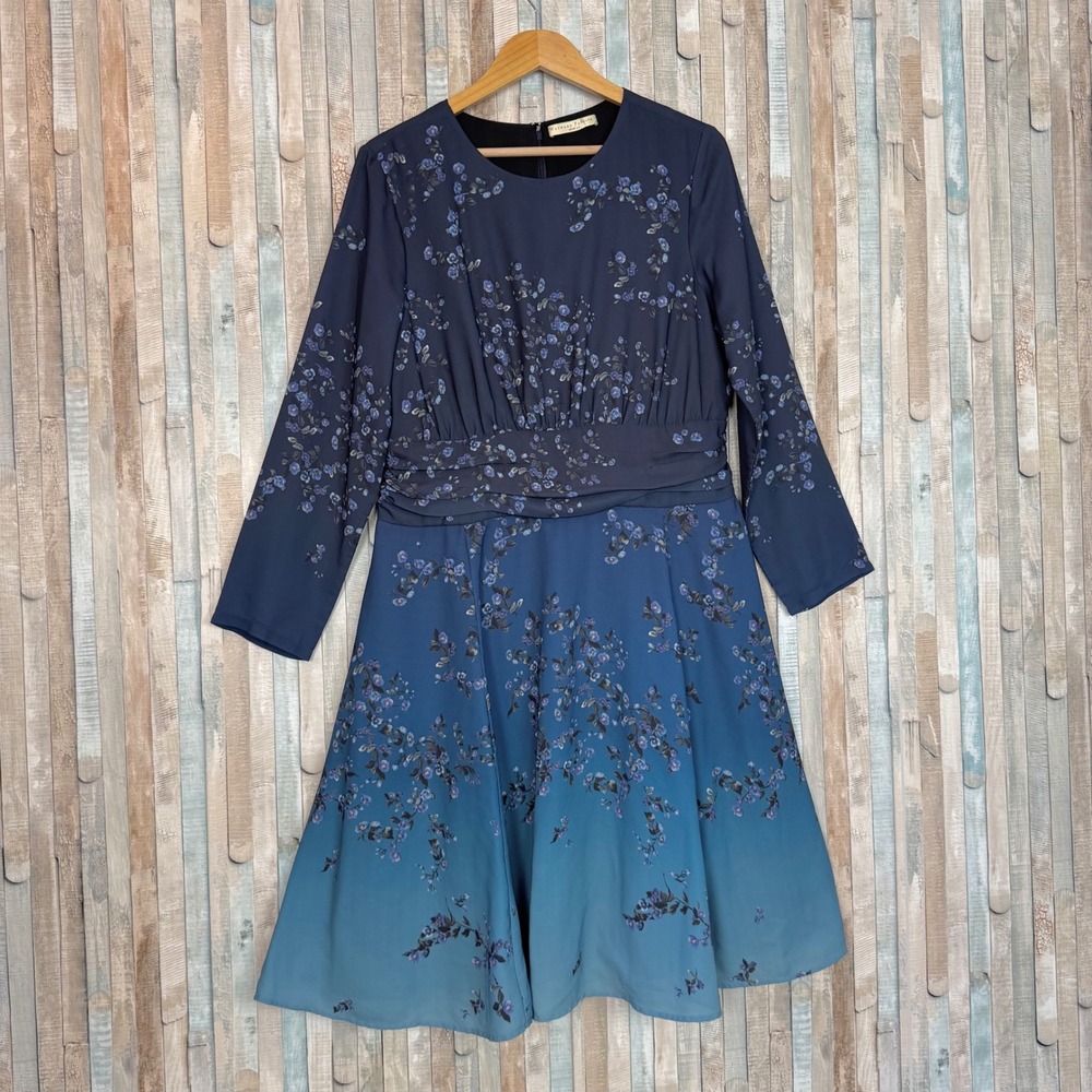 eShakti Wayward Fancies Floral Ombre Crepe Dress‎ Empire Waist Midi XL 18